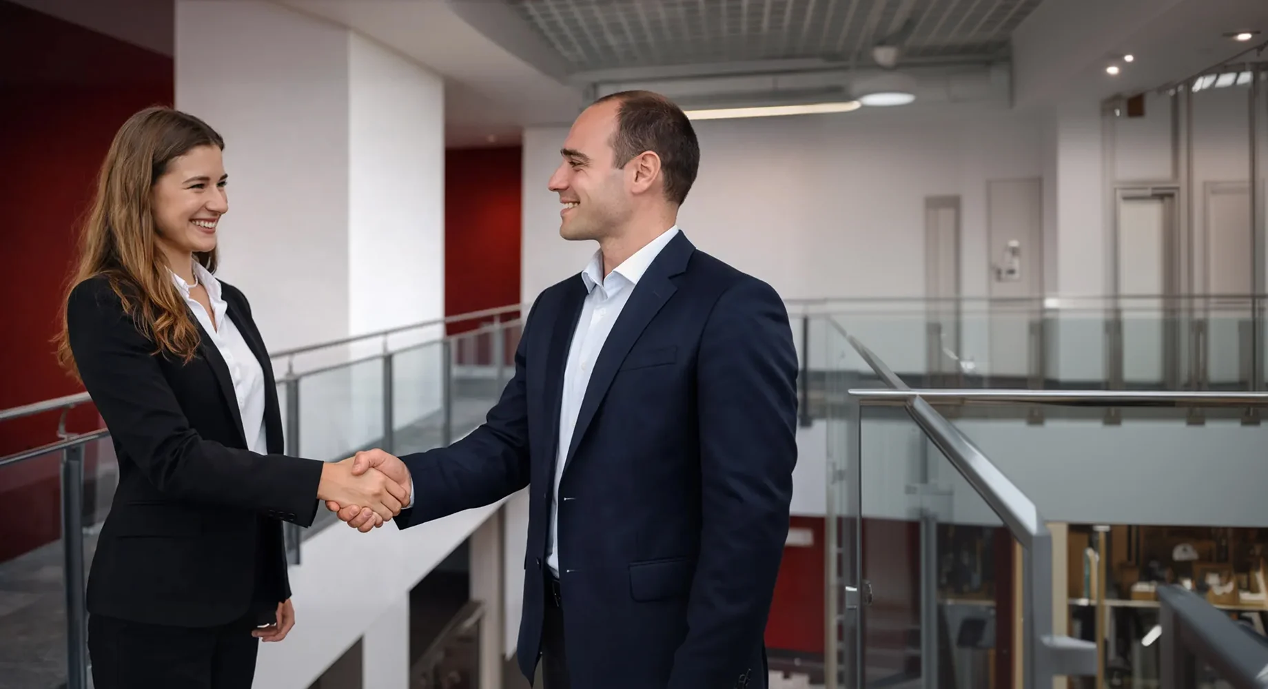 Zwei Geschaeftspersonen schuetteln sich die Hand in einem modernen Buero mit Galeriegeschoss