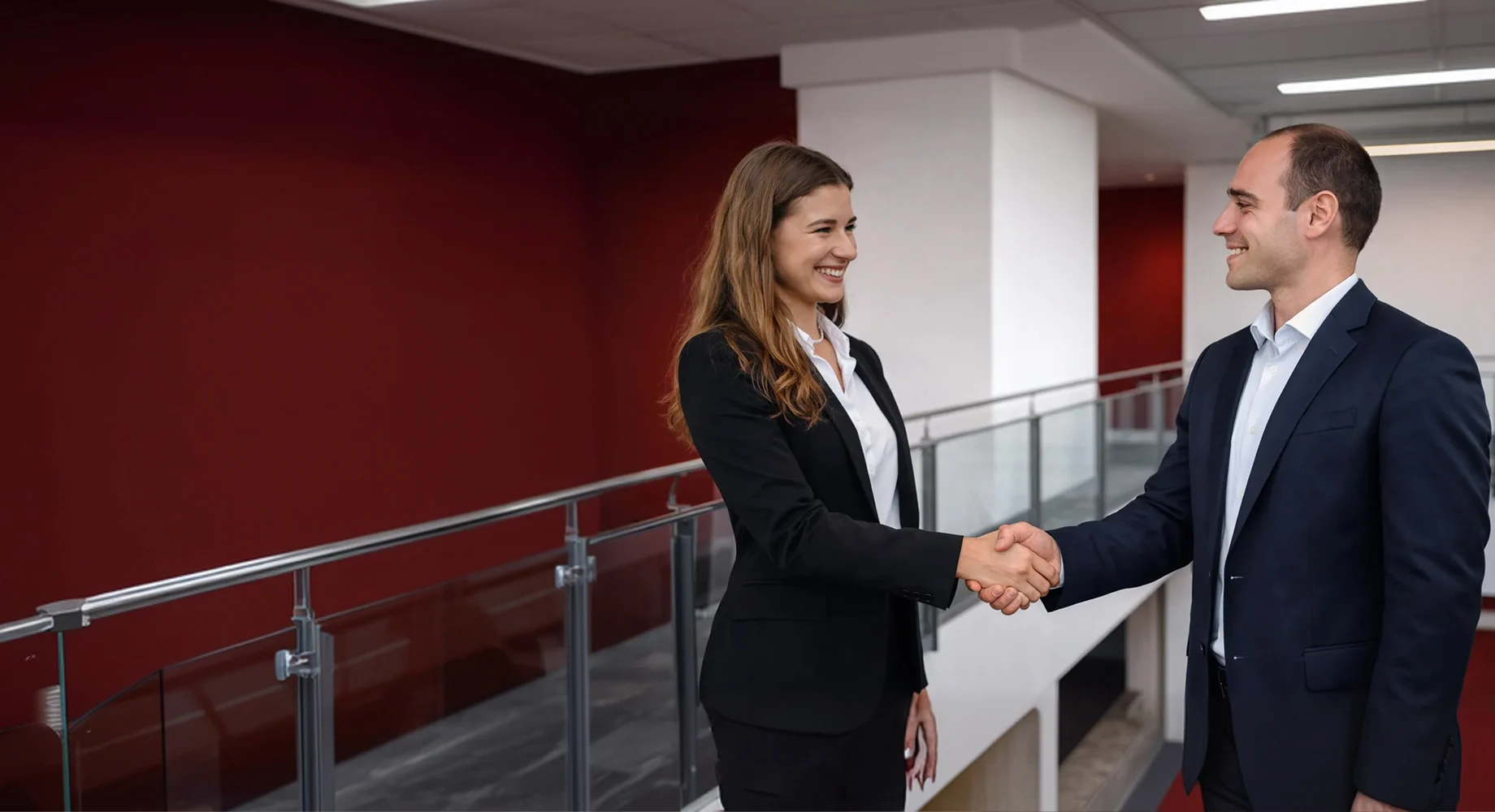 Zwei Geschaeftspersonen schuetteln sich die Hand in einem modernen Buero