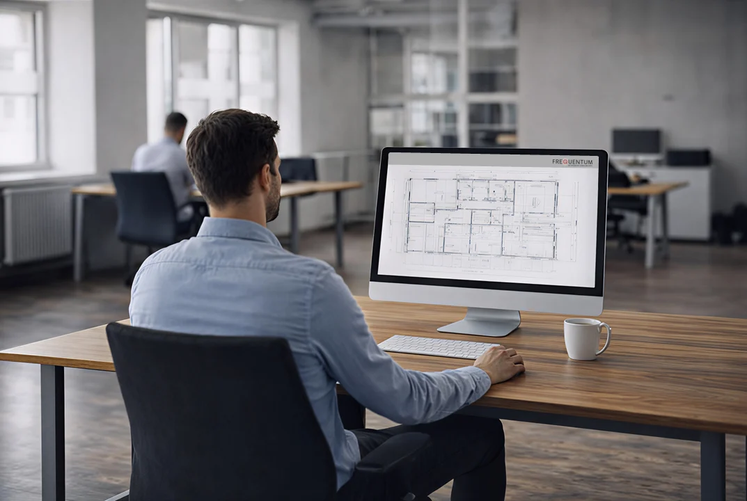 Person arbeitet an Desktop-Computer mit digitalem Grundriss auf dem Bildschirm in modernem Büro