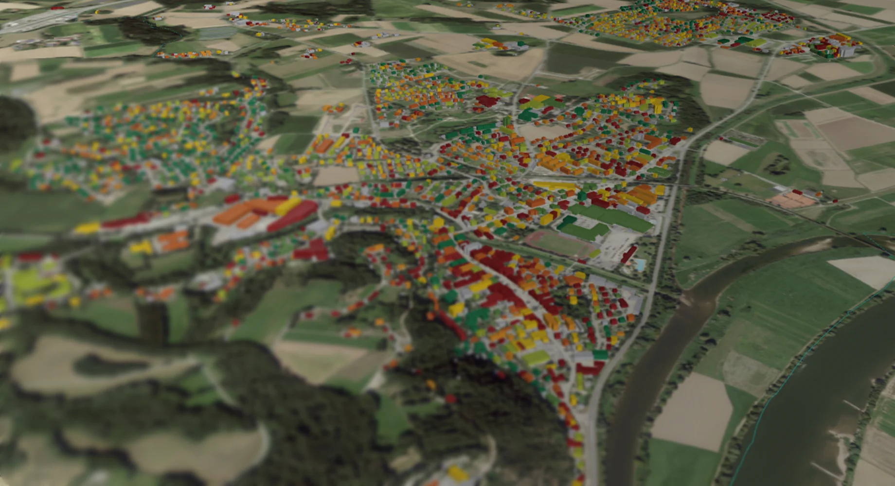 3D Stadtmodell mit farblich markierten Gebaeuden zur Darstellung der kommunalen Waermeplanung
